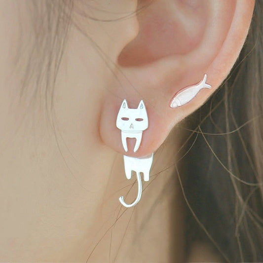 Silver earrings with fish and climbing cat