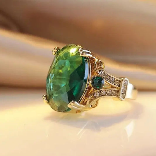 Boho Green Gold Crystal Ring